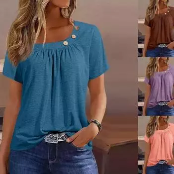 Летние топы для женщин, повседневные футболки с асимметричным вырезом и коротким рукавом, удобные однотонные блузки с пуговицами и рюшами S синий