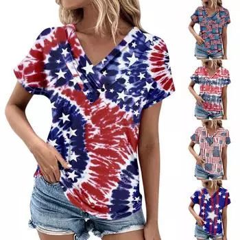 Летние топы для женщин с принтом ко Дню независимости для женщин, удобные женские топы с v-образным вырезом и короткими рукавами, футболки большого размера L синий