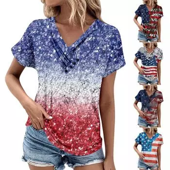 Летние топы для женщин с принтом ко Дню независимости для женщин, удобные женские топы с v-образным вырезом и короткими рукавами, футболки большого размера L синий