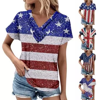 Летние топы для женщин с принтом ко Дню независимости для женщин, удобные женские топы с v-образным вырезом и короткими рукавами, футболки большого размера L синий