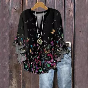 Летние топы для женщин, симпатичные блузки с V-образным вырезом и рукавом 3/4, повседневные рубашки с цветочным принтом XL чёрный