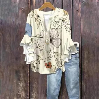 Летние топы для женщин, симпатичные блузки с V-образным вырезом и рукавом 3/4, повседневные рубашки с цветочным принтом L бежевый