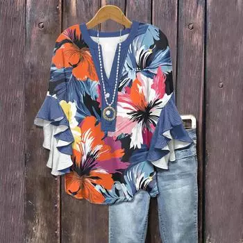 Летние топы для женщин, симпатичные блузки с V-образным вырезом и рукавом 3/4, повседневные рубашки с цветочным принтом L синий