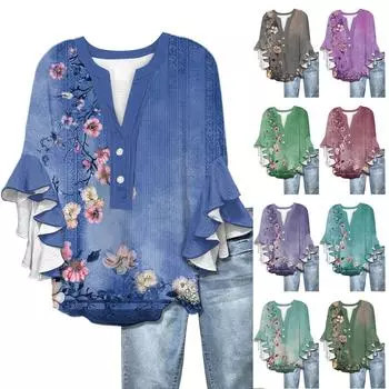 Летние топы для женщин, симпатичные блузки с V-образным вырезом и рукавом 3/4, повседневные рубашки с цветочным принтом S