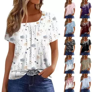 Летние топы для женщин. Удобные женские топы с круглым вырезом и короткими рукавами. Футболки с принтом для женщин.