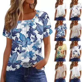 Летние топы для женщин. Удобные женские топы с круглым вырезом и короткими рукавами. Футболки с принтом для женщин.