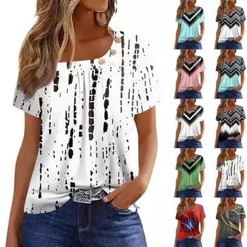 Летние топы для женщин. Удобные женские топы с круглым вырезом и короткими рукавами. Футболки с принтом для женщин.