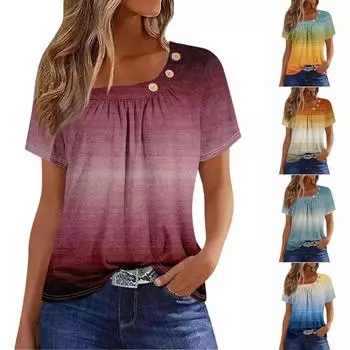 Летние топы для женщин. Удобные женские топы с круглым вырезом и короткими рукавами. Футболки с принтом для женщин. S синий