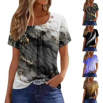 Летние топы для женщин. Удобные женские топы с круглым вырезом и короткими рукавами. Футболки с принтом для женщин. S синий