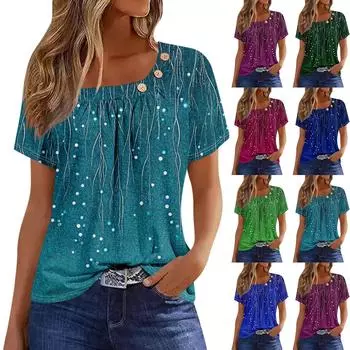 Летние топы для женщин. Удобные женские топы с круглым вырезом и короткими рукавами. Футболки с принтом для женщин. L синий