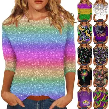 Летние топы для женщин, женские топы с рукавом 3/4 и круглым вырезом, милые рубашки, повседневные принты, модные топы, летняя футболка S