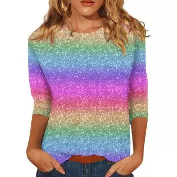 Летние топы для женщин, женские топы с рукавом 3/4 и круглым вырезом, милые рубашки, повседневные принты, модные топы, летняя футболка S