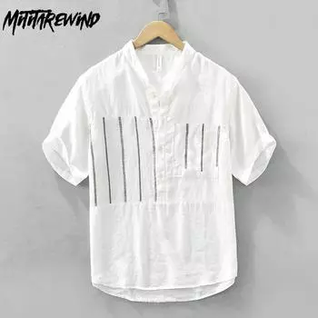 Летние топы из чистого льна, пляжная одежда, повседневный пуловер, рубашка с коротким рукавом, воротник-стойка в китайском стиле, полосатая рубашка с карманами, высокое качество M белый