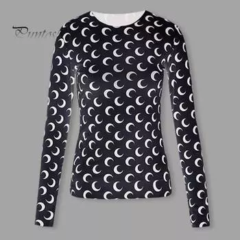 Летние топы из ледяного шелка с круглым вырезом и длинными рукавами, защищающие от солнца, топы с лунным узором, эластичные облегающие пуловеры, топы S чёрный
