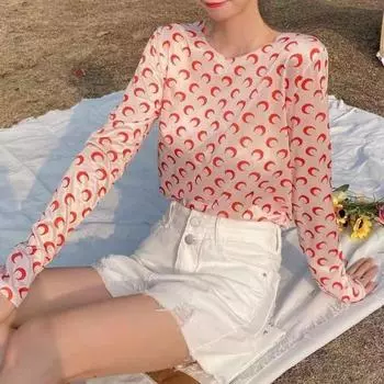 Летние топы из ледяного шелка с круглым вырезом и длинными рукавами, защищающие от солнца, топы с лунным узором, эластичные облегающие пуловеры, топы L чёрный