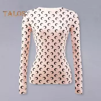 Летние топы из ледяного шелка с круглым вырезом и длинными рукавами, защищающие от солнца, топы с лунным узором, эластичные облегающие пуловеры, топы M чёрный