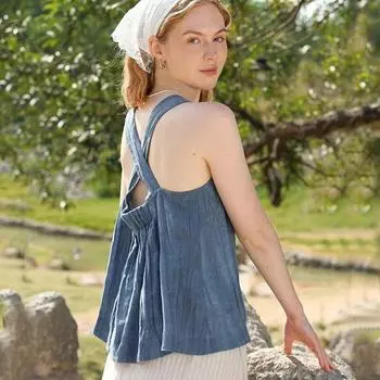 Летние топы Johnature на бретельках жареного цвета, тяжелые топы для рукоделия, свободные топы без рукавов и с открытой спиной во французском романтическом стиле S синий