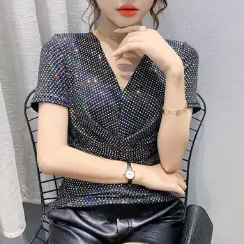 Летние топы, короткая блестящая футболка, женская футболка с v-образным вырезом и складками, сексуальная узкая футболка с блестками, женская футболка с короткими рукавами Femme Tide M зелёный