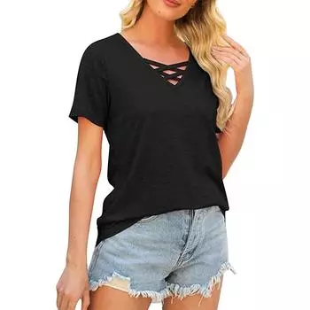 Летние топы, повседневные футболки с v-образным вырезом и короткими рукавами, модные топы, женские топы, однотонные топы L