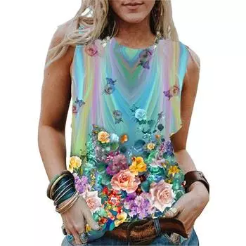 Летние топы с 3D-принтом «Цветок и бабочка», женская уличная мода, свободный жилет с круглым вырезом и открытыми плечами, без рукавов, женская майка S