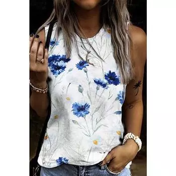 Летние топы с 3D-принтом «Цветок и стрекоза», женская мода, уличная одежда, свободный жилет с круглым вырезом, без рукавов, женская майка S