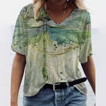 Летние топы с градиентной графикой, женские футболки с V-образным вырезом, модная женская винтажная одежда, футболки с цветочным принтом, свободные футболки больших размеров S