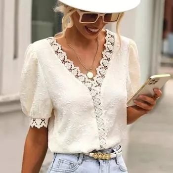 Летние топы с коротким рукавом, жаккардовые кружевные женские блузки с V-образным вырезом, повседневные ажурные элегантные белые рубашки, однотонные винтажные корейские рубашки 25718 S розовый