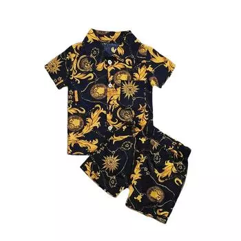 Летние топы с короткими рукавами и цветочным принтом для маленьких мальчиков, блузка, футболка + шорты, детская повседневная одежда, комплекты L