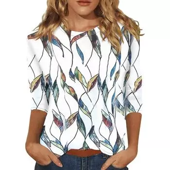 Летние топы с круглым вырезом и рукавами 3/4 2024 года, женские туники с винтажным цветочным принтом, повседневные футболки больших размеров, базовые топы для вечеринок и праздников S
