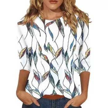 Летние топы с круглым вырезом и рукавами 3/4 2024 года, женские туники с винтажным цветочным принтом, повседневные футболки больших размеров, базовые топы для вечеринок и праздников S