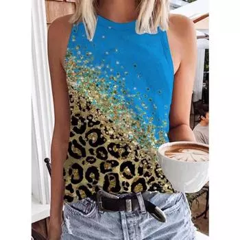 Летние топы с леопардовым принтом и пайетками, 3D-принт, женская мода, уличная одежда, свободный жилет с круглым вырезом, без рукавов, женская майка S
