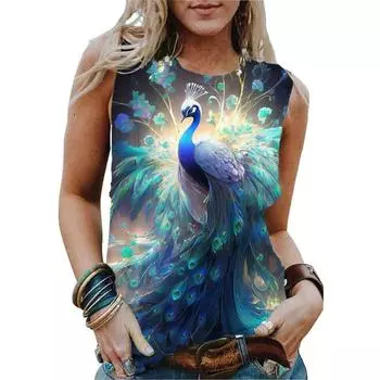 Летние топы с принтом животных павлина 3D, женская мода, уличная одежда, свободный жилет с круглым вырезом, без рукавов, женская майка S