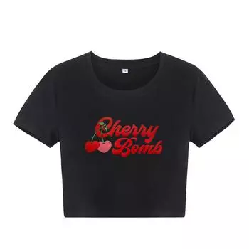 Летние топы сексуальные женские Y2K буквы клубника принт детская футболка Harajuku Street Goth короткий рукав облегающие топы укороченные L чёрный