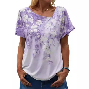 Летние топы, свободный топ с нестандартным v-образным вырезом, повседневная футболка с короткими рукавами и цветочным принтом, женская одежда S синий
