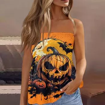 Летние топы-трубы для женщин, милая сексуальная футболка без рукавов с принтом на открытых плечах M оранжевый
