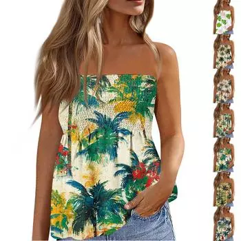 Летние топы-трубы для женщин, милая сексуальная футболка без рукавов с открытыми плечами и цветочным принтом L армия зеленый