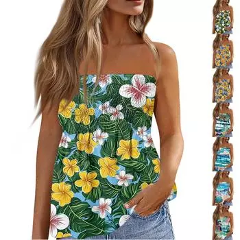 Летние топы-трубы для женщин, милая сексуальная футболка без рукавов с открытыми плечами и цветочным принтом L синий