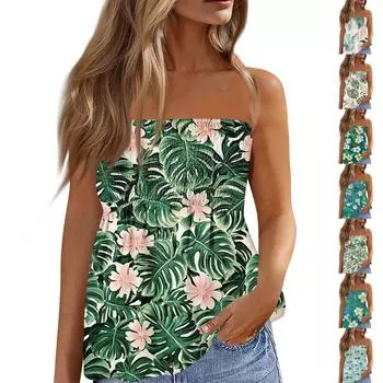 Летние топы-трубы для женщин, милая сексуальная футболка без рукавов с открытыми плечами и цветочным принтом L армия зеленый
