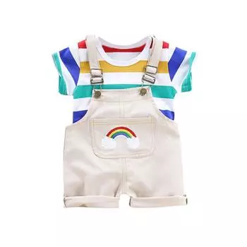 Летние топы в полоску с короткими рукавами и принтом для маленьких мальчиков и девочек, блузка, футболка + брюки на подтяжках, детская одежда L бежевый