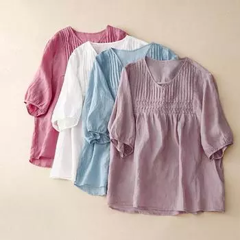 Летние топы в стиле ретро, однотонная хлопковая льняная Свободная блузка с разрезными рукавами и v-образным вырезом M белый