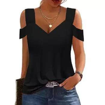 Летние топы, женская туника, топ с короткими рукавами, открытыми плечами и V-образным вырезом, свободная посадка, базовая футболка, повседневные топы, рубашки, блузки S синий