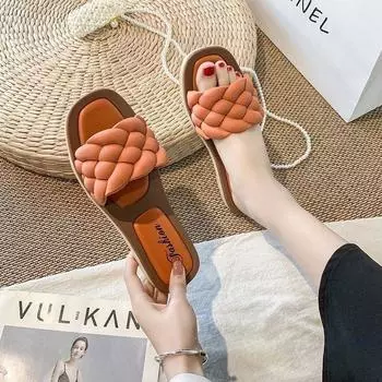 Летние трендовые плетеные тапочки, женские уличные плетеные шлепанцы на плоской подошве, пляжные повседневные сандалии с открытым носком на резиновой подошве, женская уютная обувь 36 оранжевый