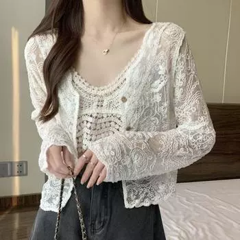 Летние трикотажные кружевные блузки с длинным рукавом, женские модные тонкие ажурные солнцезащитные рубашки, топы, женские винтажные вязаные крючком облегающие элегантные блузки-кардиганы 26123 One Size