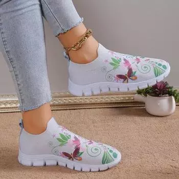 Летние трикотажные туфли на плоской подошве для женщин, размер плюс 43, лоферы с дышащим сетчатым принтом, женские, осенние туфли без застежек для ходьбы 2024 года, Mujer 35