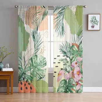 Летние тропические пальмовые листья, акварельные оконные тюлевые шторы для гостиной, спальни, отеля, роскошное украшение, прозрачные шторы 135W x 114H(cm)