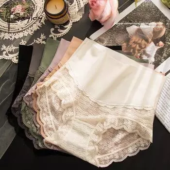 Летние трусики Ice Silk с высокой талией, поддерживающие живот, сексуальные кружевные бесшовные, приподнимающие бедра, дышащие трусы M чёрный