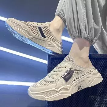 Летние туфли baotou на шнуровке с полыми носками, крупная сетка, без каблука, полутапочки, студенческие, дышащие, на толстой подошве, повседневные мужские туфли 39