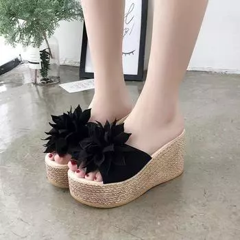 Летние туфли-бублики с покатым каблуком и открытым носком, классные женские тапочки с цветочным принтом, водонепроницаемые, увеличивающие высоту стола, одно слово, женская обувь 35 зелёный