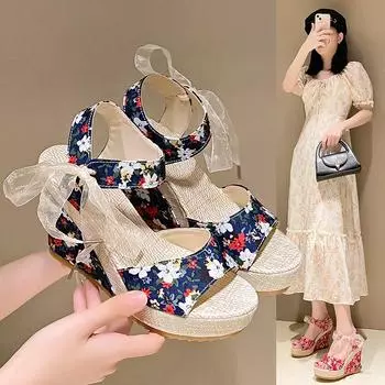Летние туфли из старой пекинской ткани, женские сандалии из цветочной ткани в национальном стиле, вышитые сандалии 35