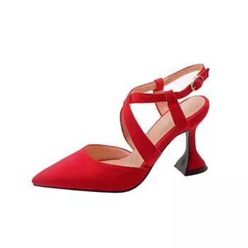 Летние туфли Krazing Pot из флока на высоком каблуке с острым носком и металлической пряжкой, большой размер 43, женские туфли-лодочки с открытой пяткой 34 чёрный